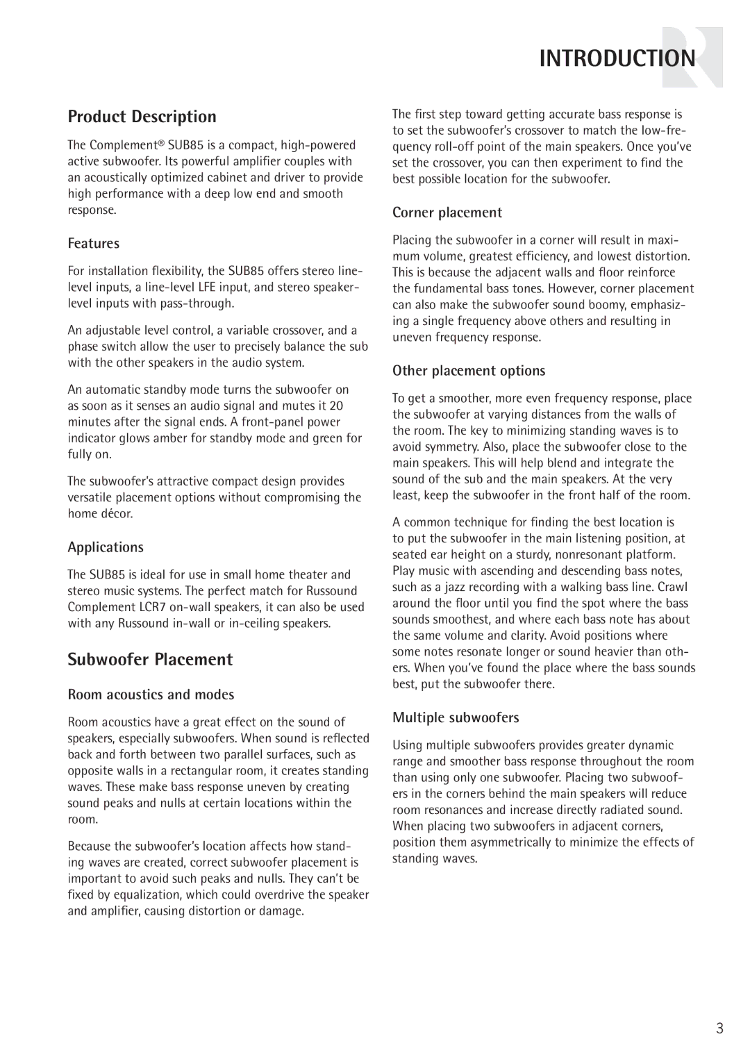 Russound SUB85 instruction manual Introduction, Product Description, Subwoofer Placement 