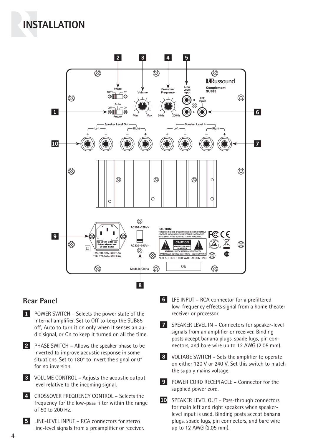 Russound SUB85 instruction manual Installation, Rear Panel 