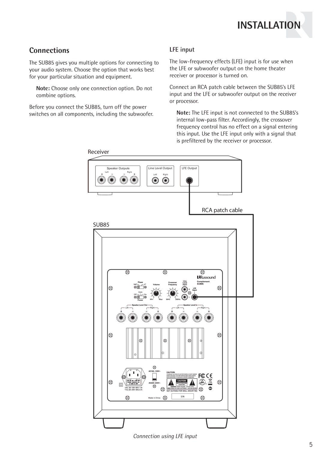 Russound SUB85 instruction manual Connections, LFE input 