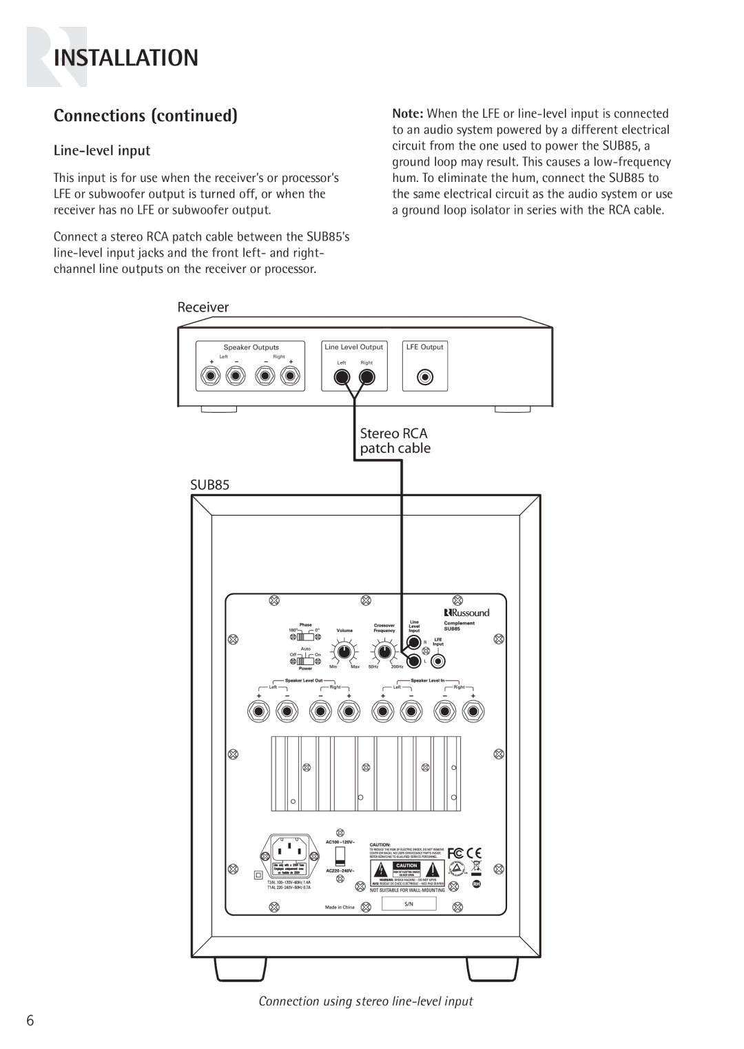 Russound SUB85 instruction manual Line-level input, Receiver 