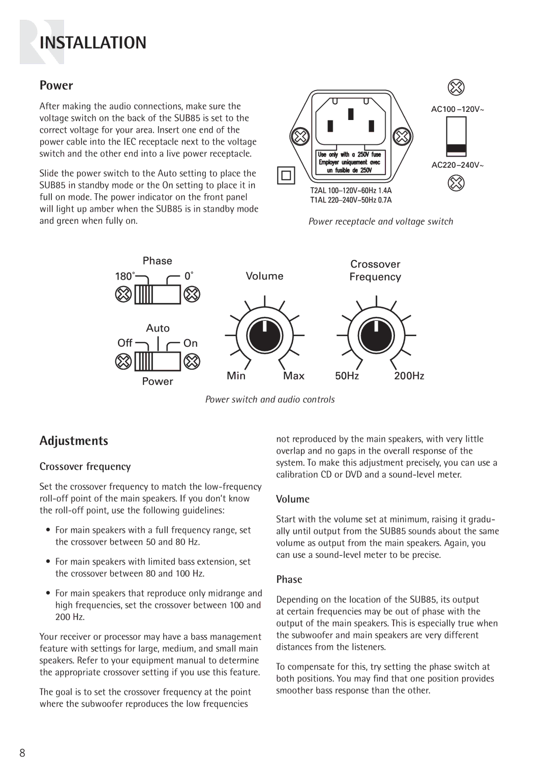 Russound SUB85 instruction manual Power, Adjustments, Crossover frequency, Volume, Phase 