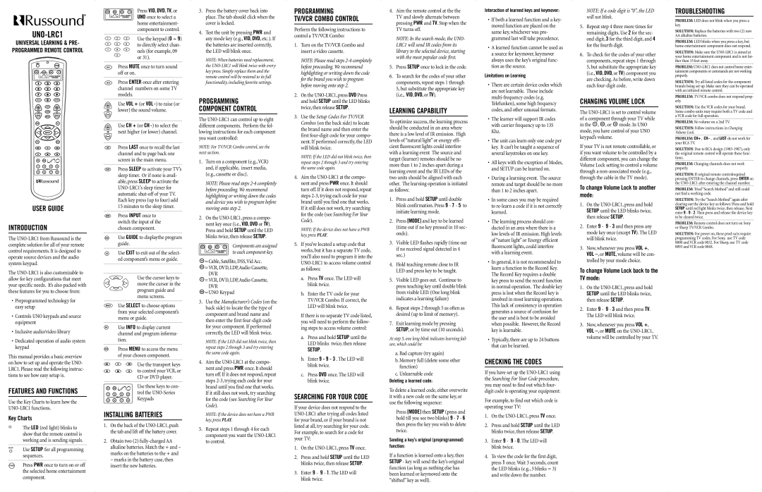 Russound UNO-LRC1 manual User Guide Introduction, Installing Batteries, Programming Component Control, Learning Capability 