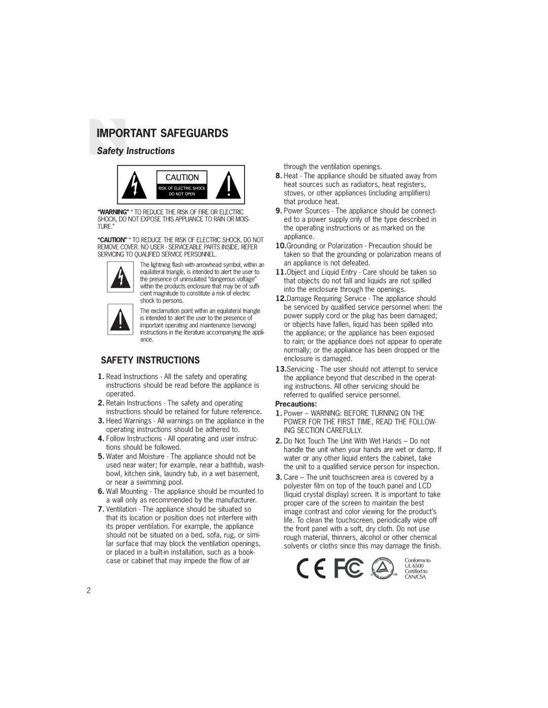 Russound UNO-TS2 manual Important Safeguards, Safety Instructions 