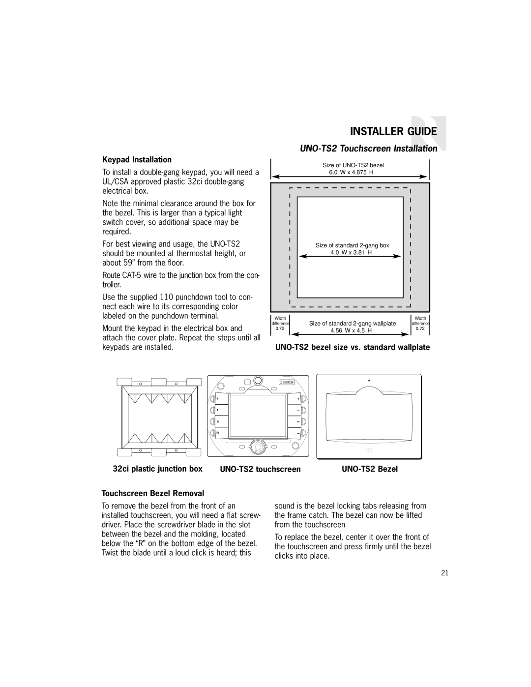 Russound manual UNO-TS2 Touchscreen Installation, Keypad Installation 