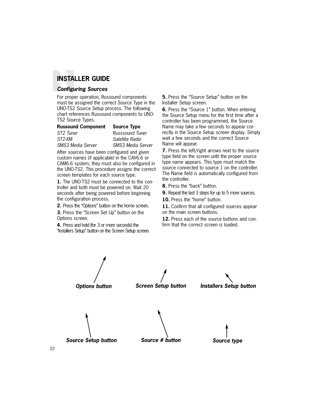Russound UNO-TS2 manual Configuring Sources, Options button Screen Setup button Installers Setup button, Type 