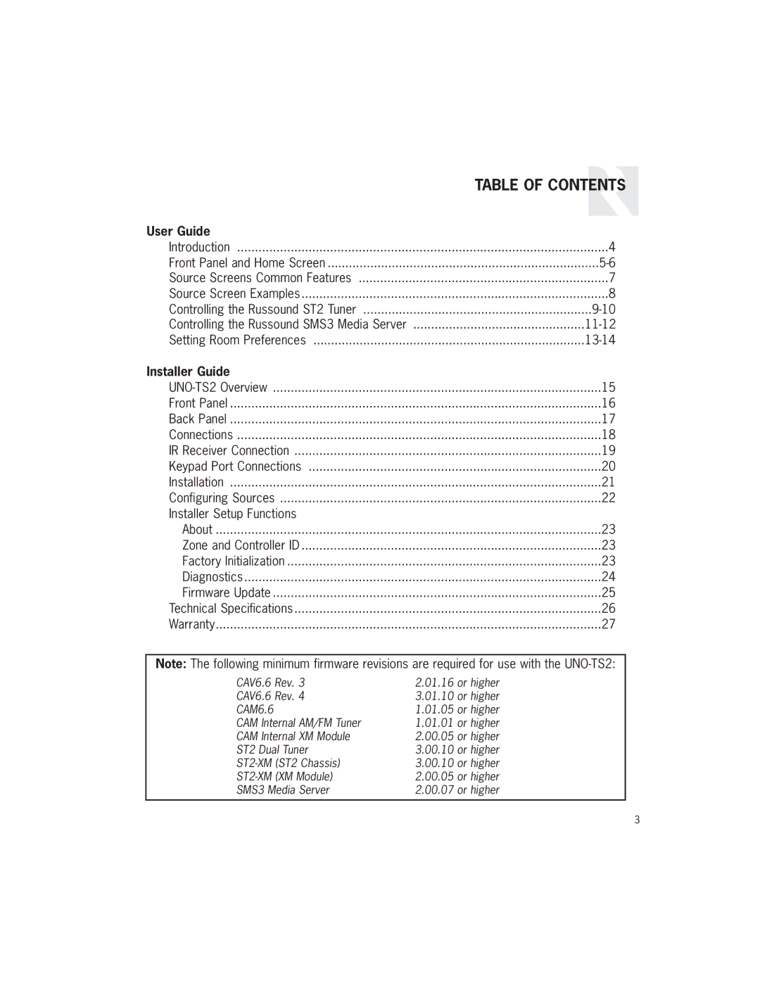 Russound UNO-TS2 manual Table of Contents 