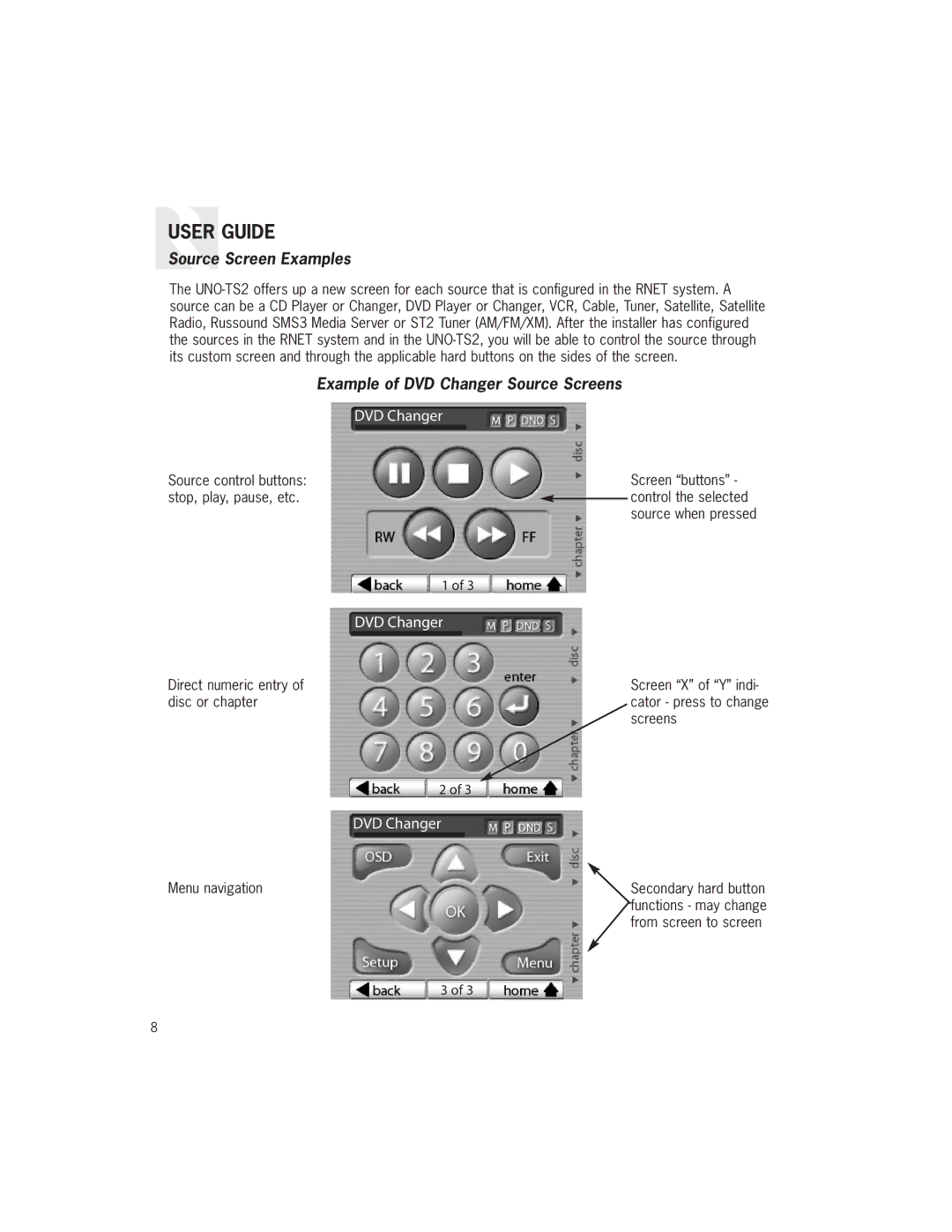 Russound UNO-TS2 manual Source Screen Examples, Example of DVD Changer Source Screens 