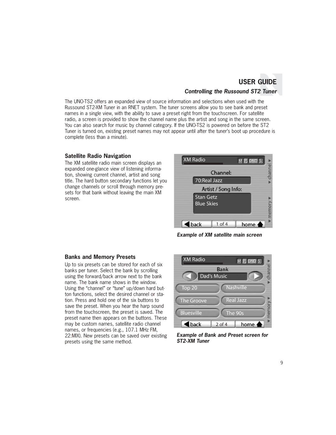 Russound UNO-TS2 manual Controlling the Russound ST2 Tuner, Satellite Radio Navigation, Banks and Memory Presets 