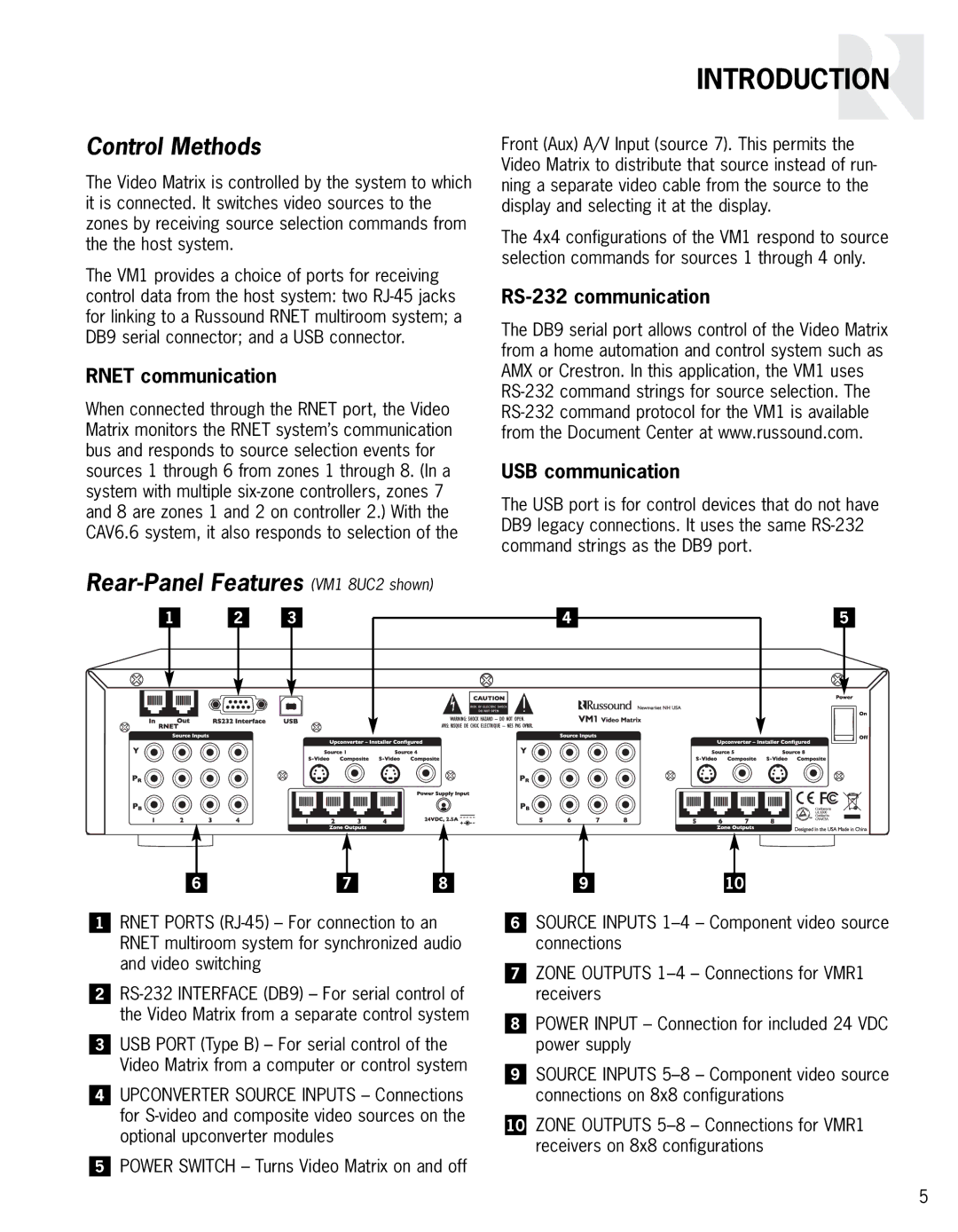 Russound manual Control Methods, Rear-Panel Features VM1 8UC2 shown 