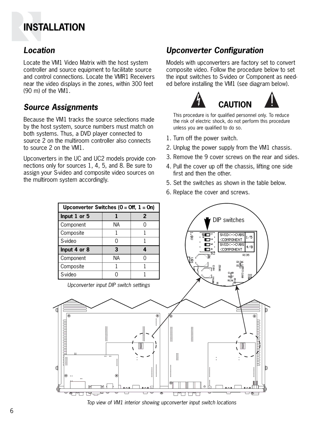 Russound VM1 manual Installation, Location, Source Assignments, Upconverter Configuration 