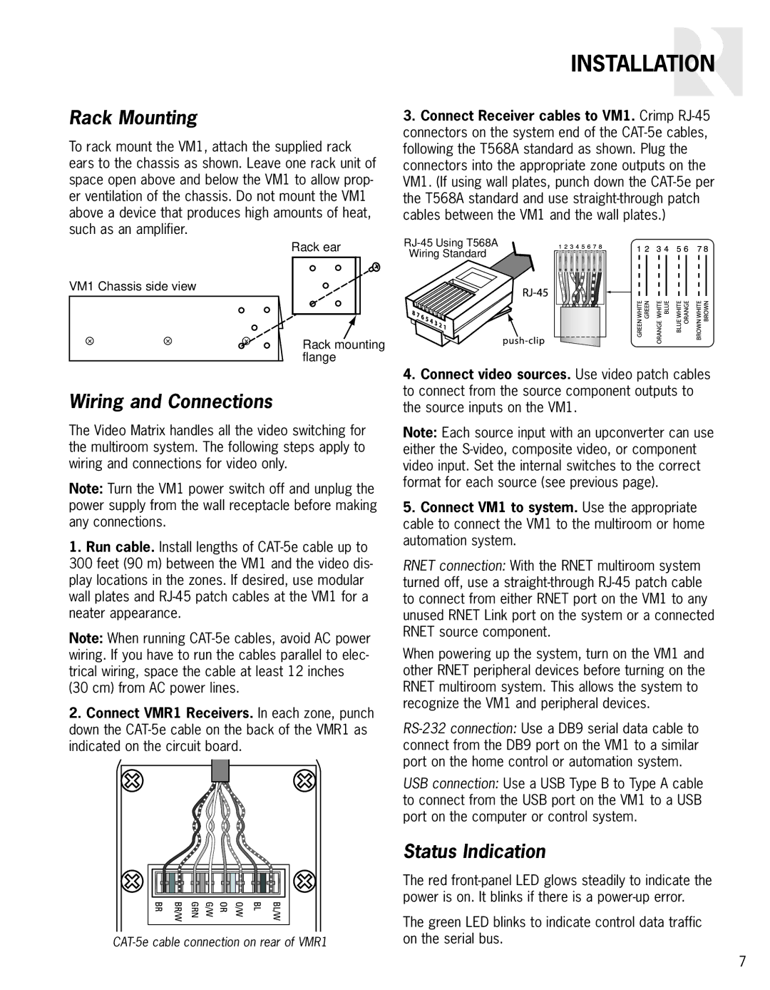 Russound VM1 manual Rack Mounting, Wiring and Connections, Status Indication 