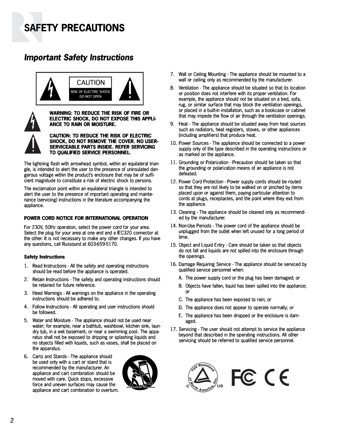 Russound VM1 manual Safety Precautions, Important Safety Instructions, Power Cord Notice For International Operation 