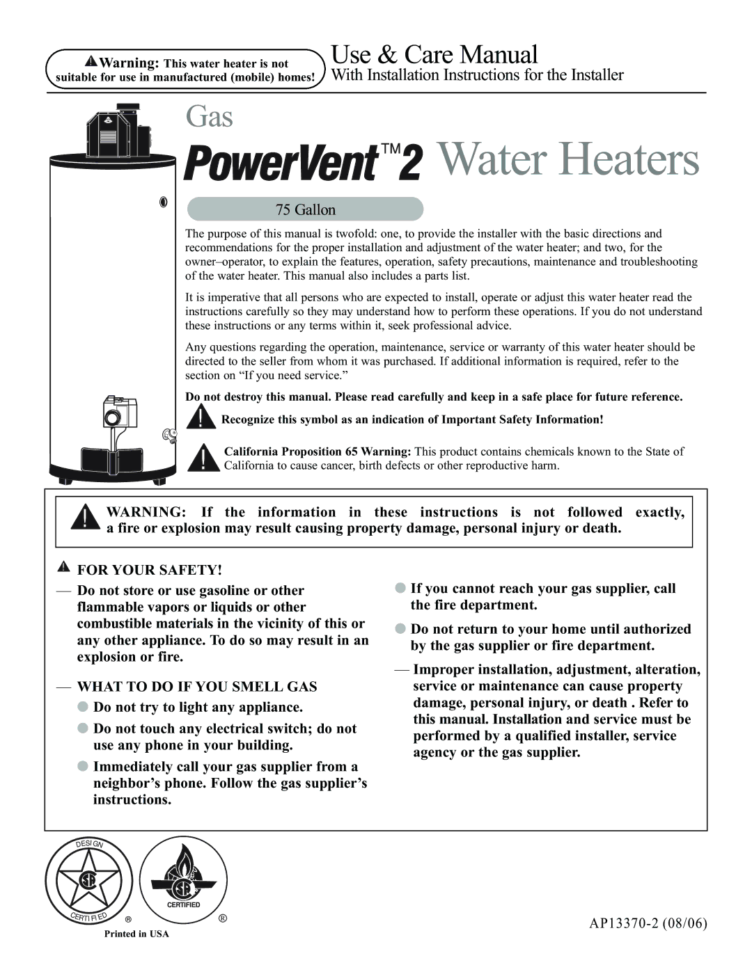 Ruud AP13370-2 installation instructions Water Heaters 