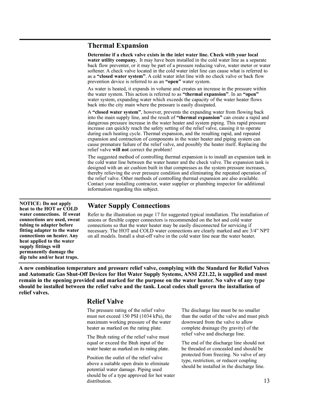 Ruud AP13370-2 installation instructions Thermal Expansion, Water Supply Connections, Relief Valve 