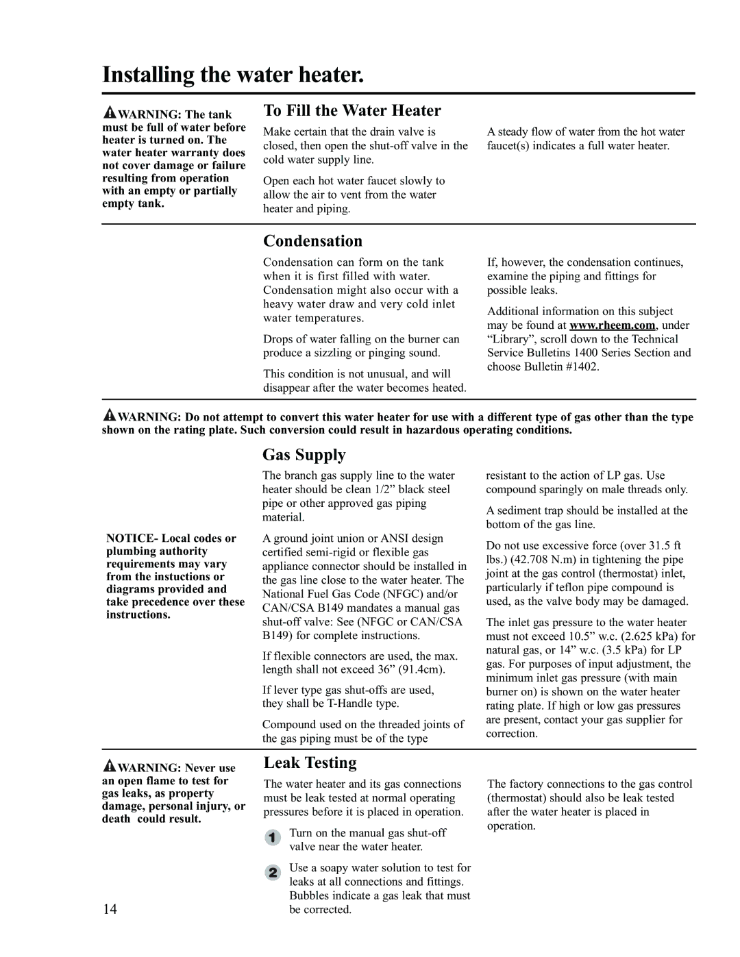 Ruud AP13370-2 installation instructions To Fill the Water Heater, Condensation, Gas Supply, Leak Testing 