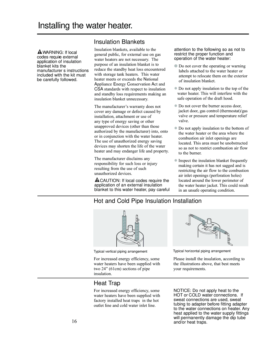 Ruud AP13370-2 installation instructions Insulation Blankets, Hot and Cold Pipe Insulation Installation, Heat Trap 