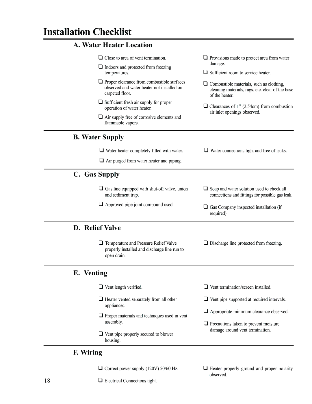 Ruud AP13370-2 installation instructions Installation Checklist, Water Heater Location, Water Supply 