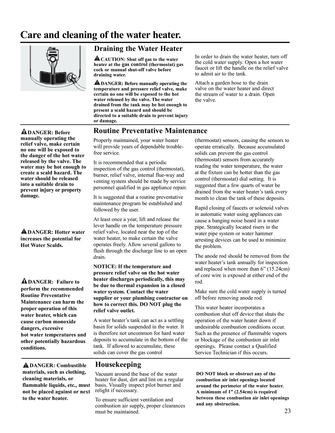 Ruud AP13370-2 installation instructions Draining the Water Heater, Routine Preventative Maintenance, Housekeeping 