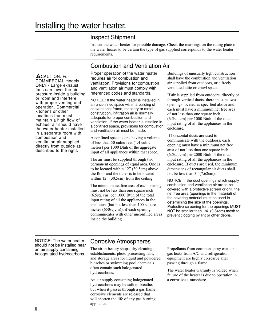 Ruud AP13370-2 installation instructions Inspect Shipment, Combustion and Ventilation Air, Corrosive Atmospheres 