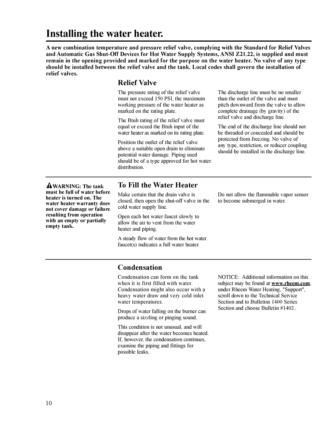 Ruud AP14236 installation instructions Relief Valve, To Fill the Water Heater, Condensation 