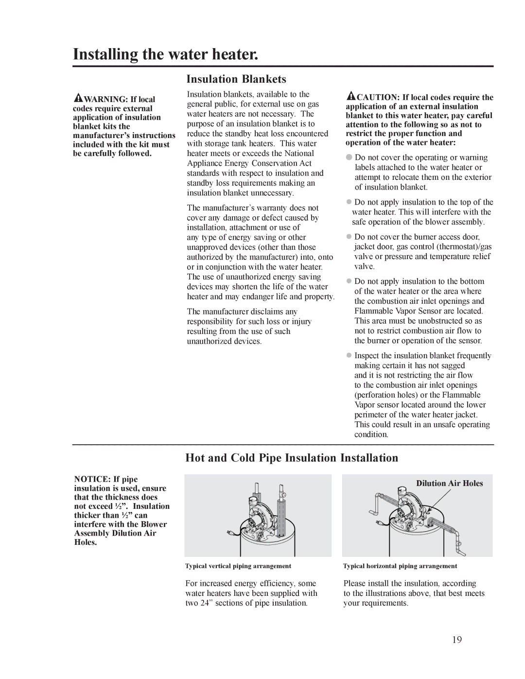 Ruud AP14236 installation instructions Insulation Blankets, Hot and Cold Pipe Insulation Installation, Dilution Air Holes 