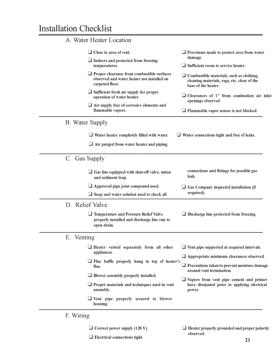 Ruud AP14236 installation instructions Installation Checklist, Water Heater Location, Water Supply 