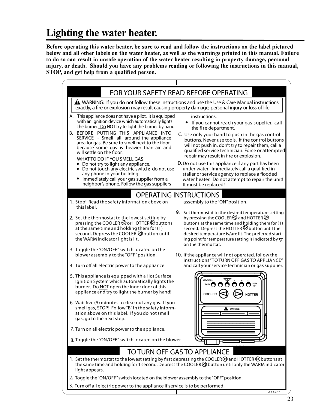 Ruud AP14236 installation instructions Lighting the water heater, For Your Safety Read Before Operating 