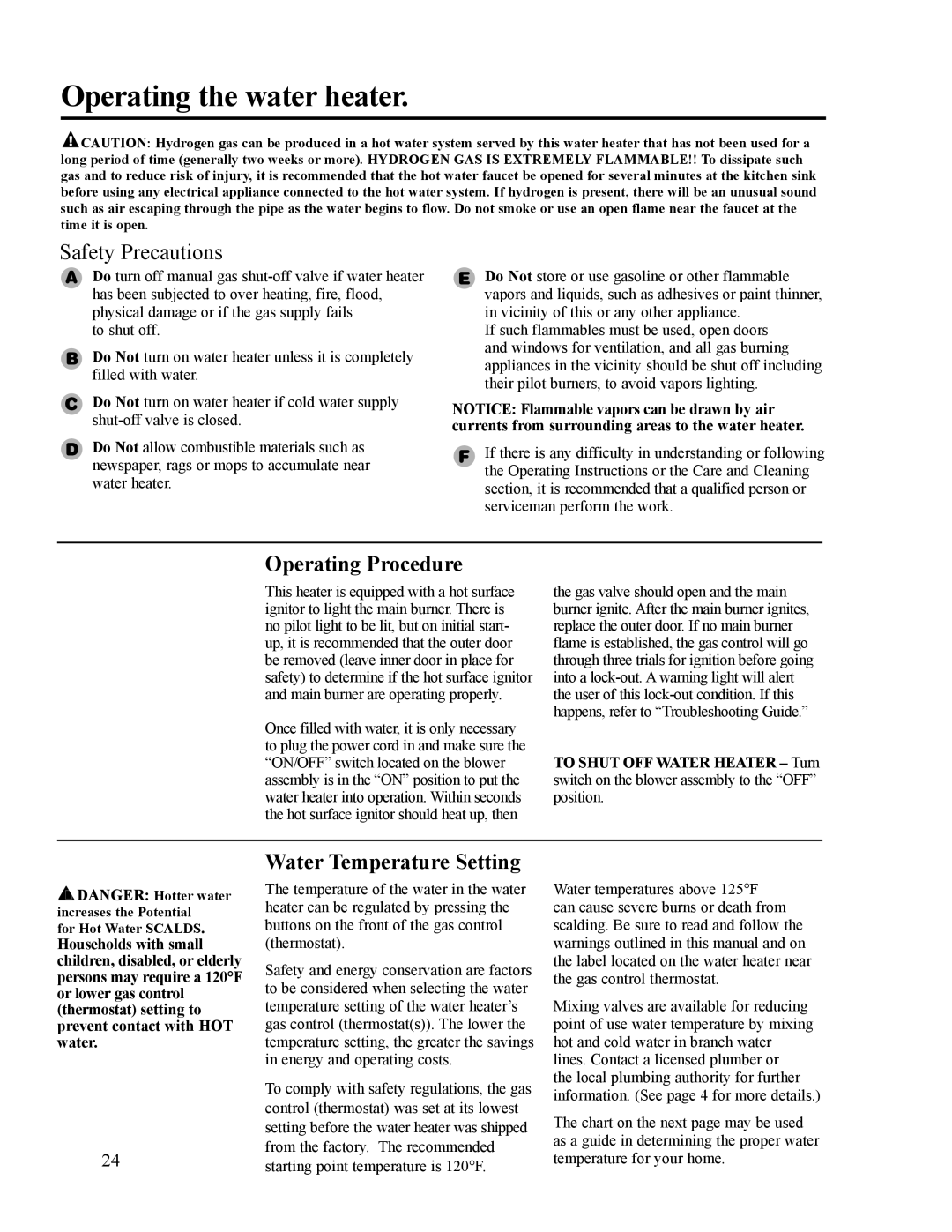 Ruud AP14236 installation instructions Operating the water heater, Operating Procedure, Water Temperature Setting 