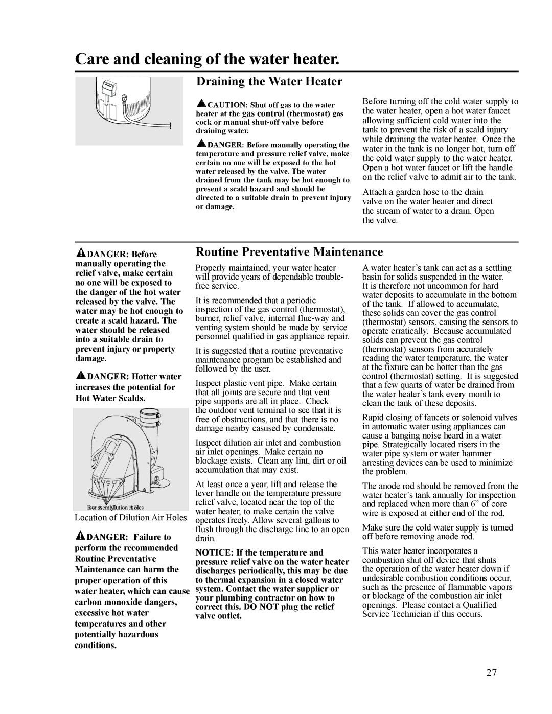 Ruud AP14236 installation instructions Draining the Water Heater, Routine Preventative Maintenance 