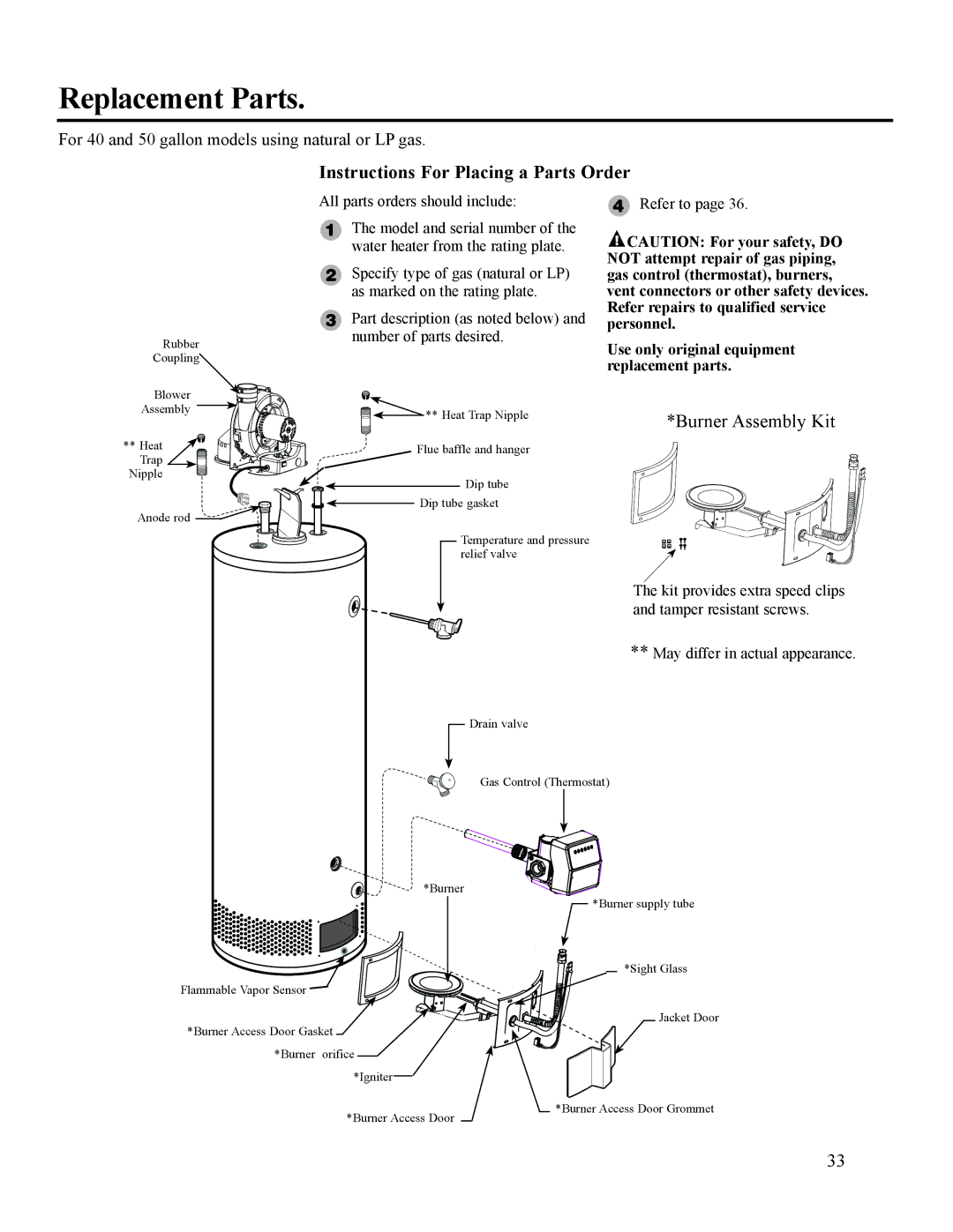 Ruud AP14236 Replacement Parts, Instructions For Placing a Parts Order, Use only original equipment replacement parts 