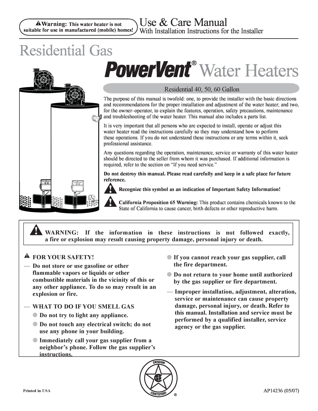 Ruud AP14236 installation instructions With Installation Instructions for the Installer, Water Heaters, Residential Gas 