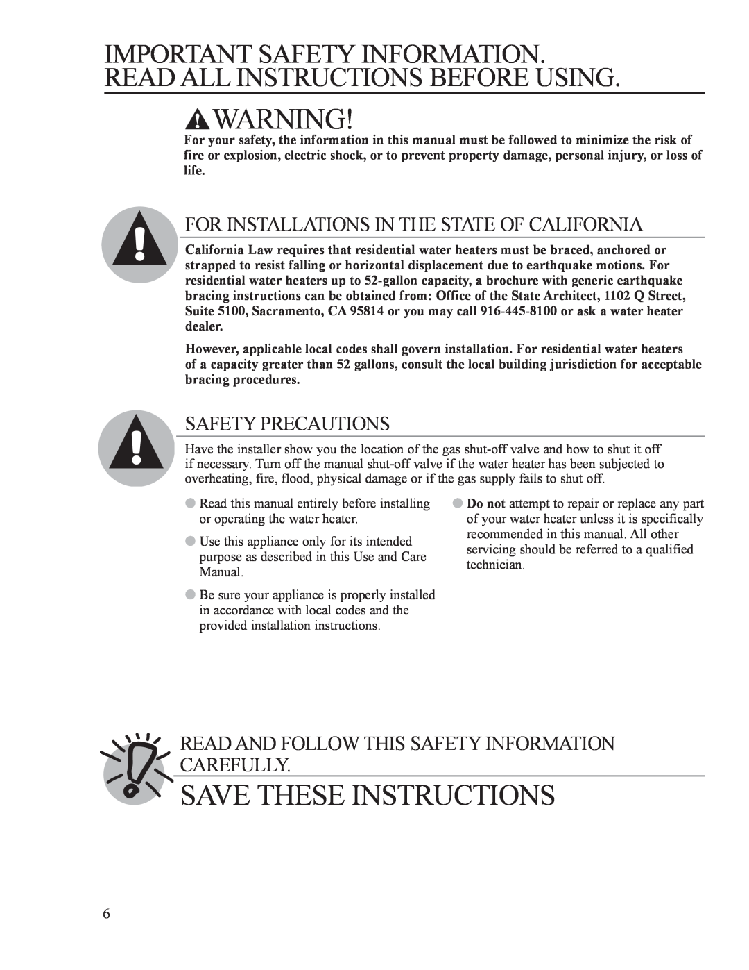 Ruud AP14236 Save These Instructions, For Installations In The State Of California, Safety Precautions 