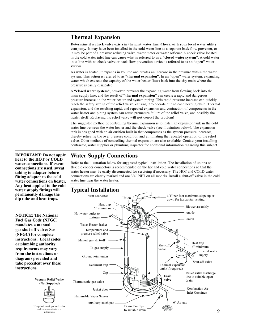 Ruud AP14236 installation instructions Thermal Expansion, Water Supply Connections, Typical Installation 