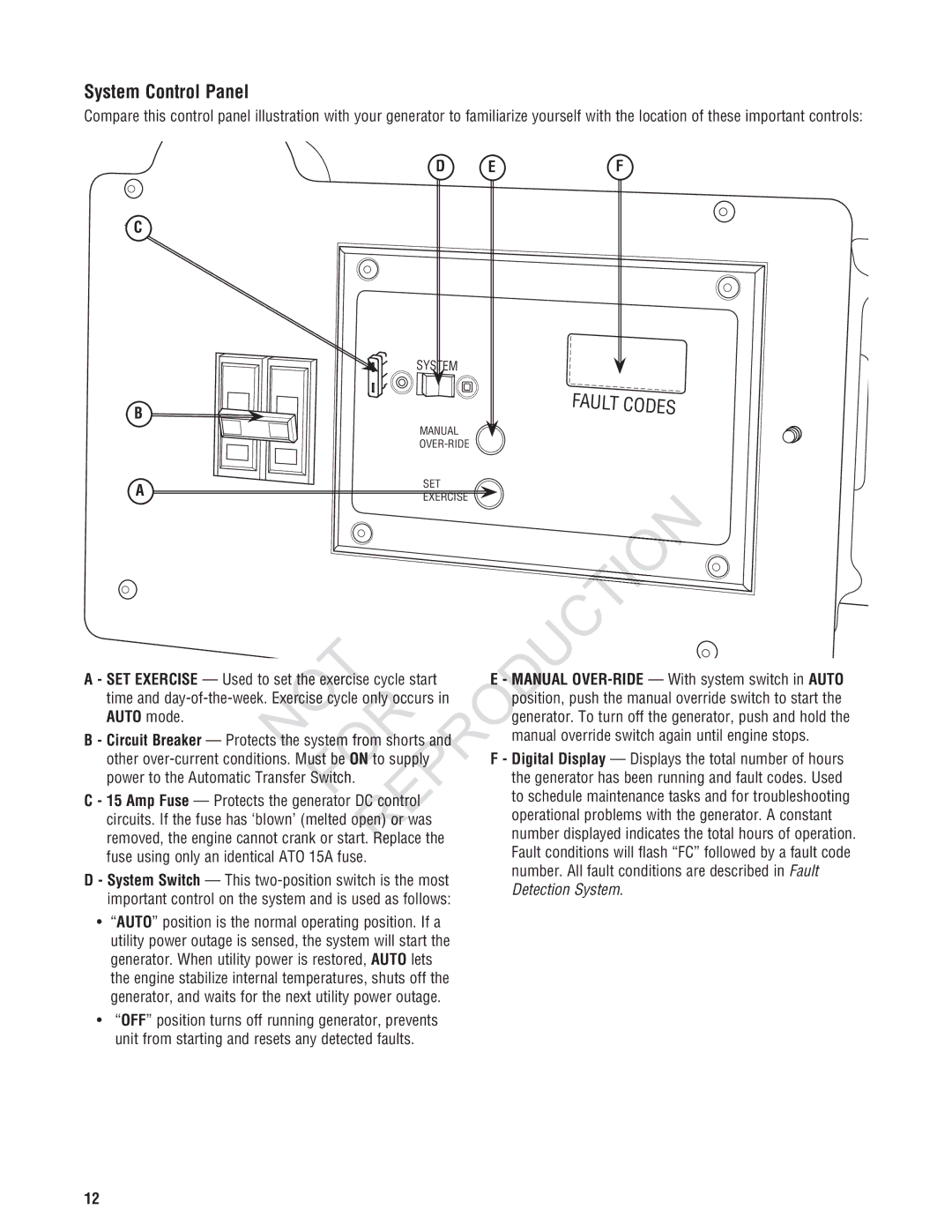 Ruud GEN12AD-V, Generator Systems manual System Control Panel, SET Exercise Used to set, Auto mode, Detection System 