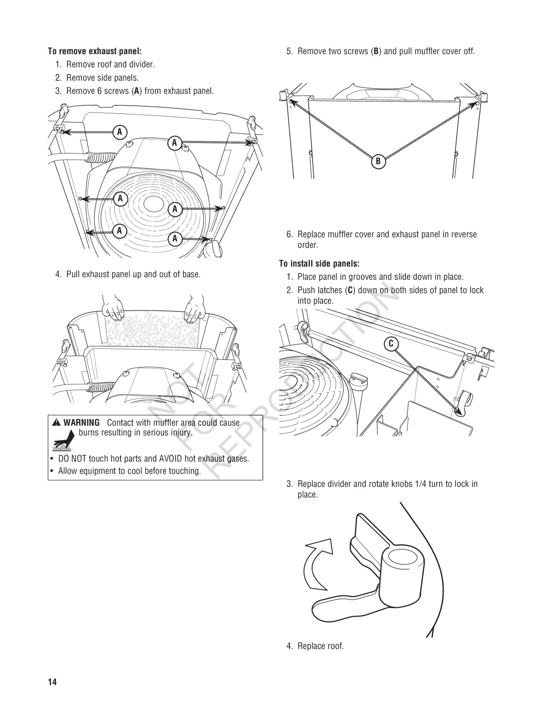 Ruud GEN12AD-V, Generator Systems manual Rep, To remove exhaust panel, To install side panels 