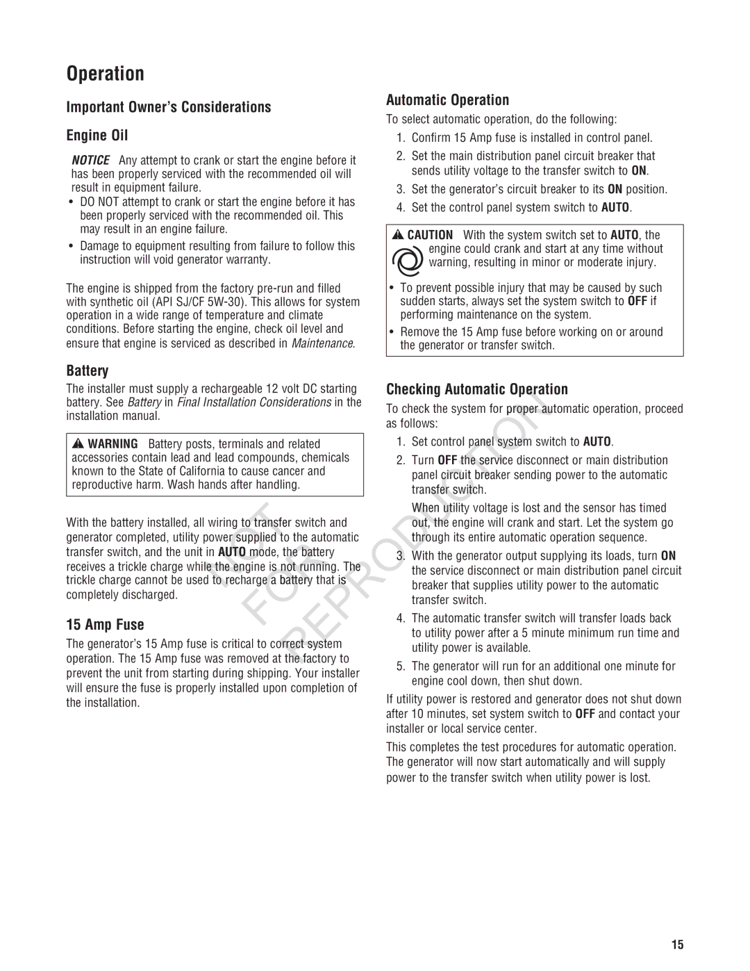 Ruud Generator Systems, GEN12AD-V manual Reprodu, Operation 