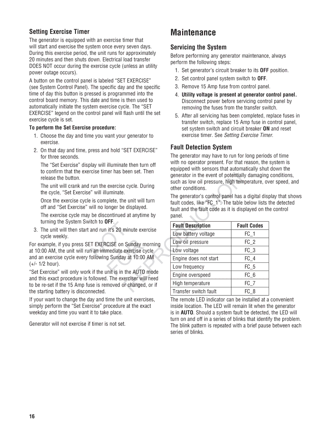 Ruud GEN12AD-V manual Maintenance, Exercise timer. See Setting Exercise Timer, Fault Detection System, Fault Codes, Ing 