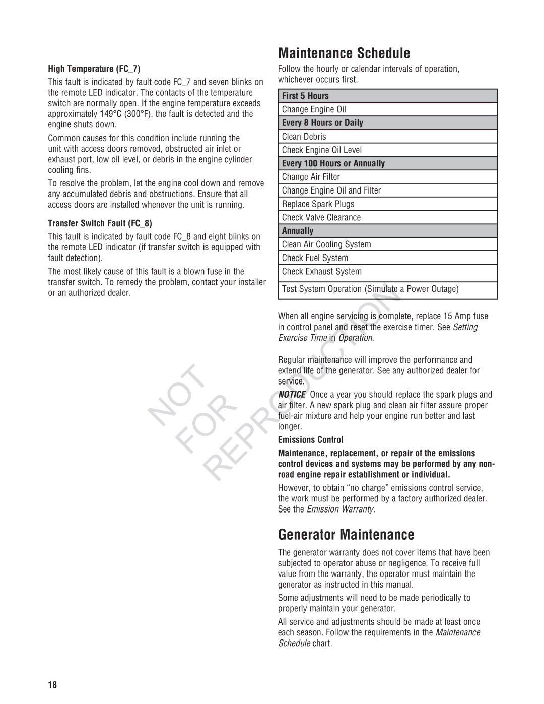 Ruud GEN12AD-V, Generator Systems manual High Temperature FC7, Transfer Switch Fault FC8 