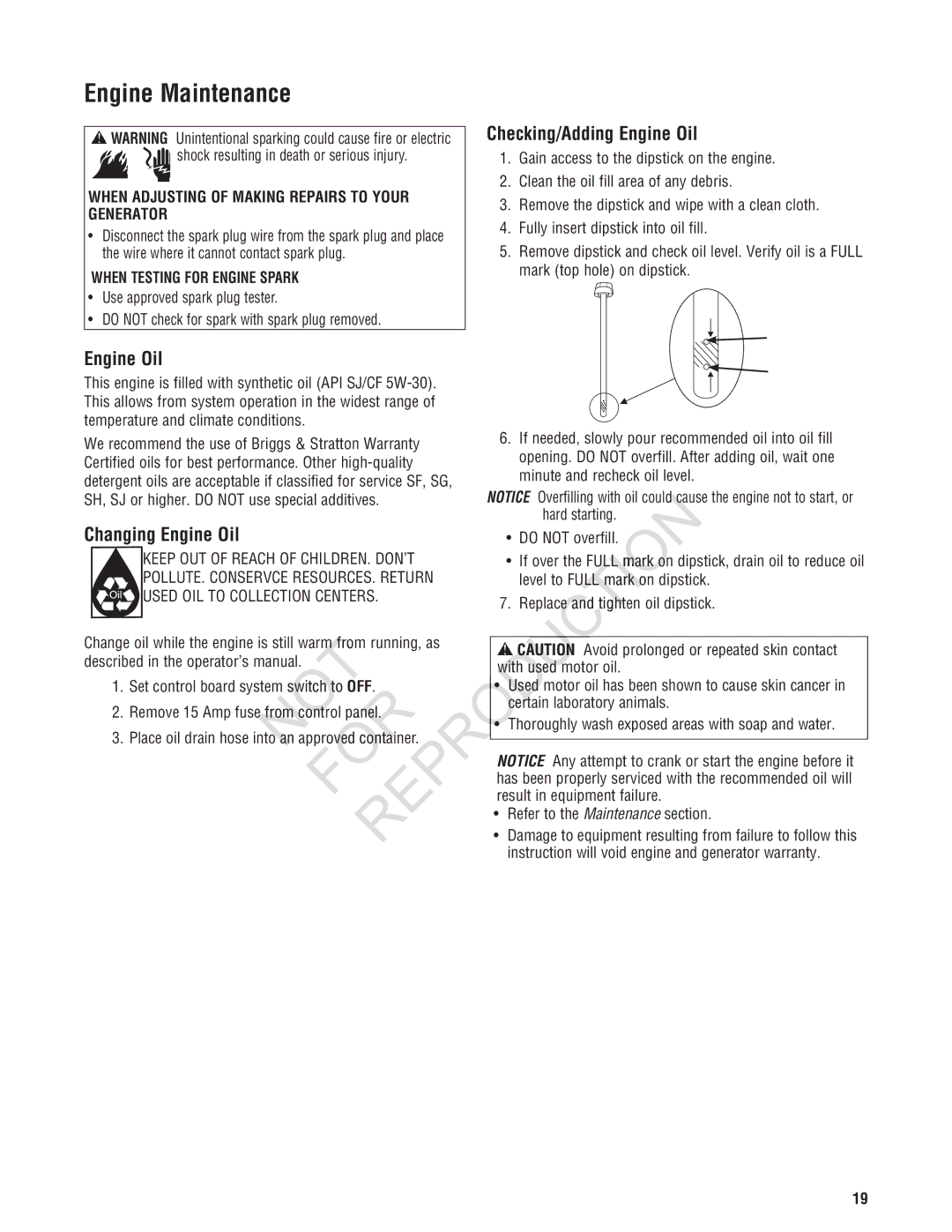 Ruud Generator Systems, GEN12AD-V manual Tion, Engine Maintenance, Checking/Adding Engine Oil, Changing Engine Oil, Off 