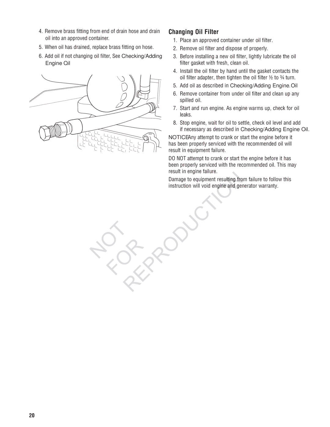 Ruud GEN12AD-V Changing Oil Filter, Add oil as described in Checking/Adding Engine Oil, Ulting fro, Failure to follow this 