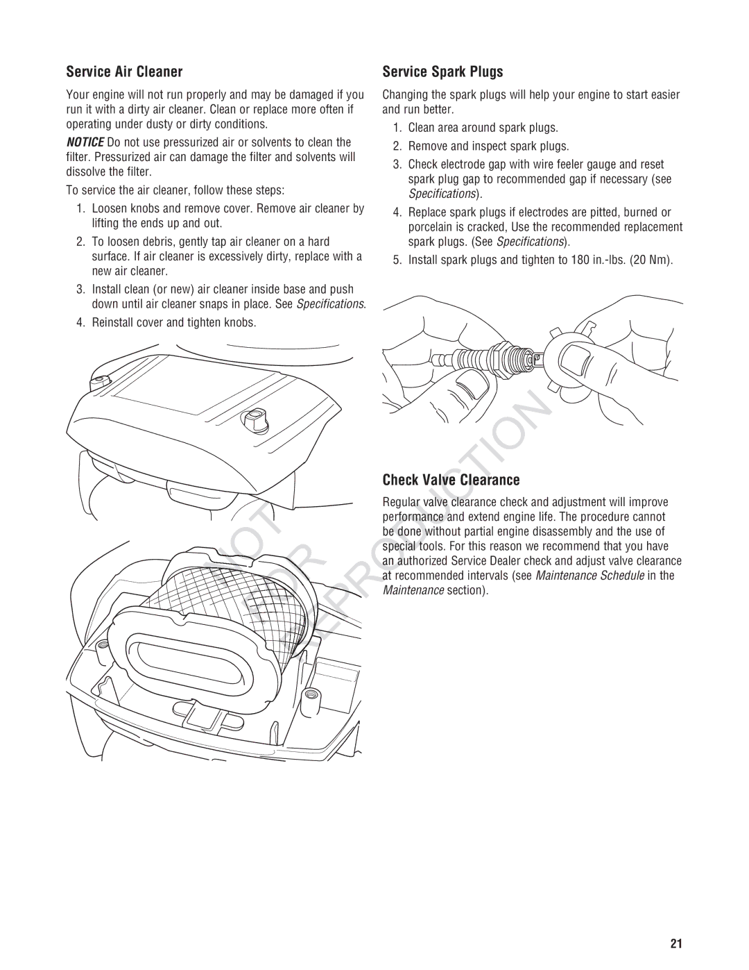 Ruud Generator Systems manual REP Oduction, Service Air Cleaner, Service Spark Plugs, Check V ve Clear, Maintenance section 