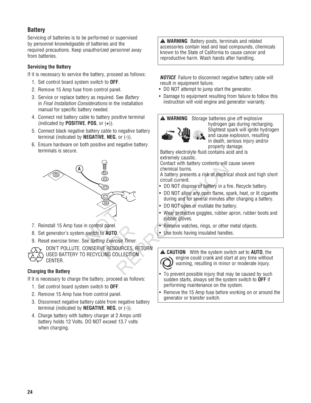 Ruud GEN12AD-V, Generator Systems manual Reprduction, Servicing the Battery, Nel, Charging the Battery 