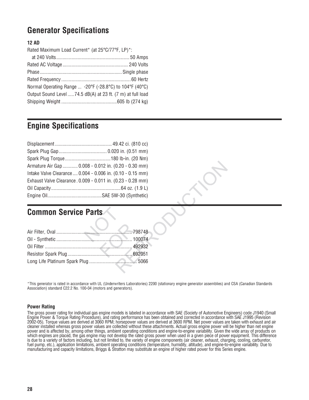 Ruud GEN12AD-V, Generator Systems manual Reprodution, Generator Specifications, Engine Specifications, Common Service Parts 