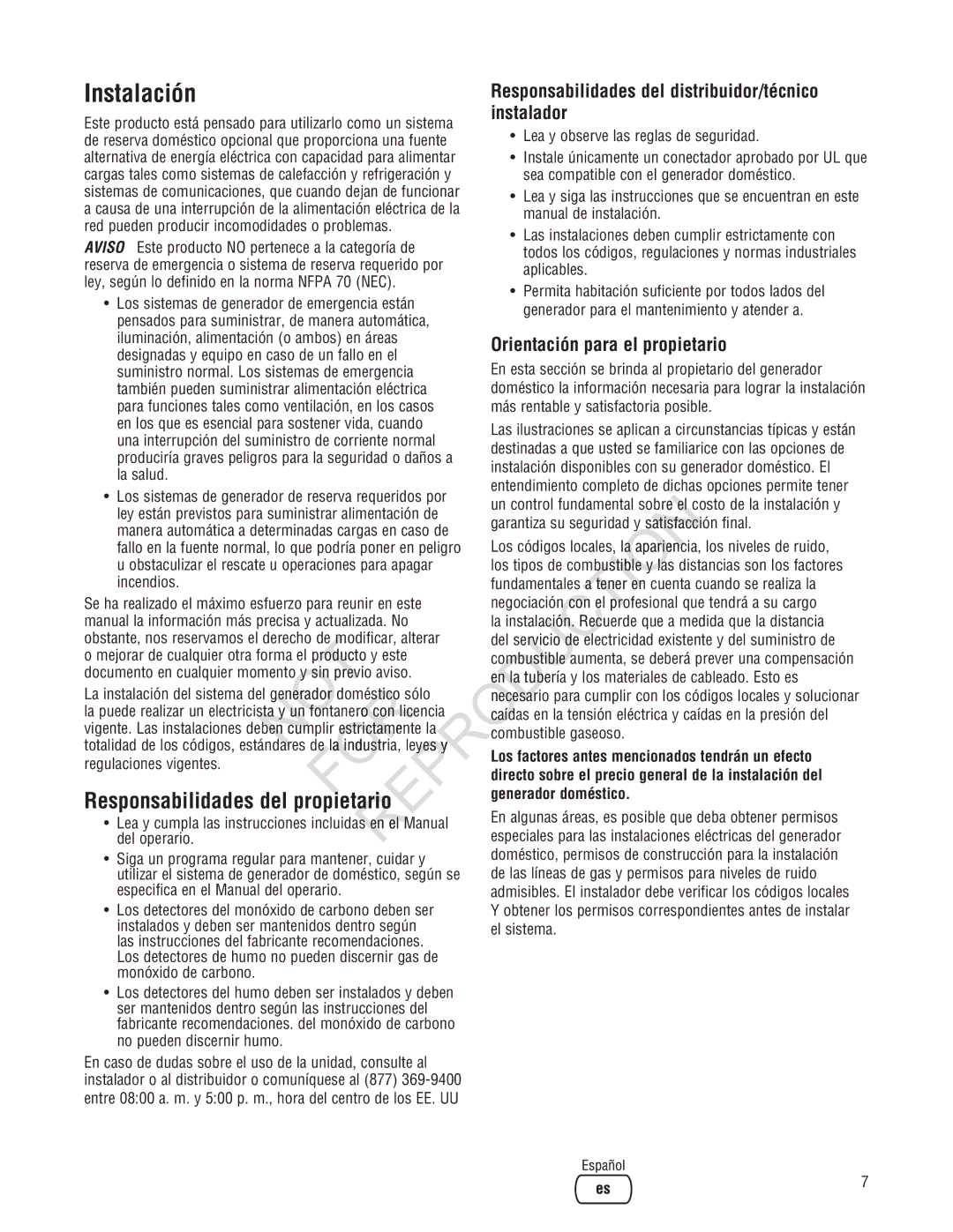 Ruud Generator Systems, GEN12AD-V manual Reprod, Instalación, Responsabilidades del distribuidor/técnico instalador 