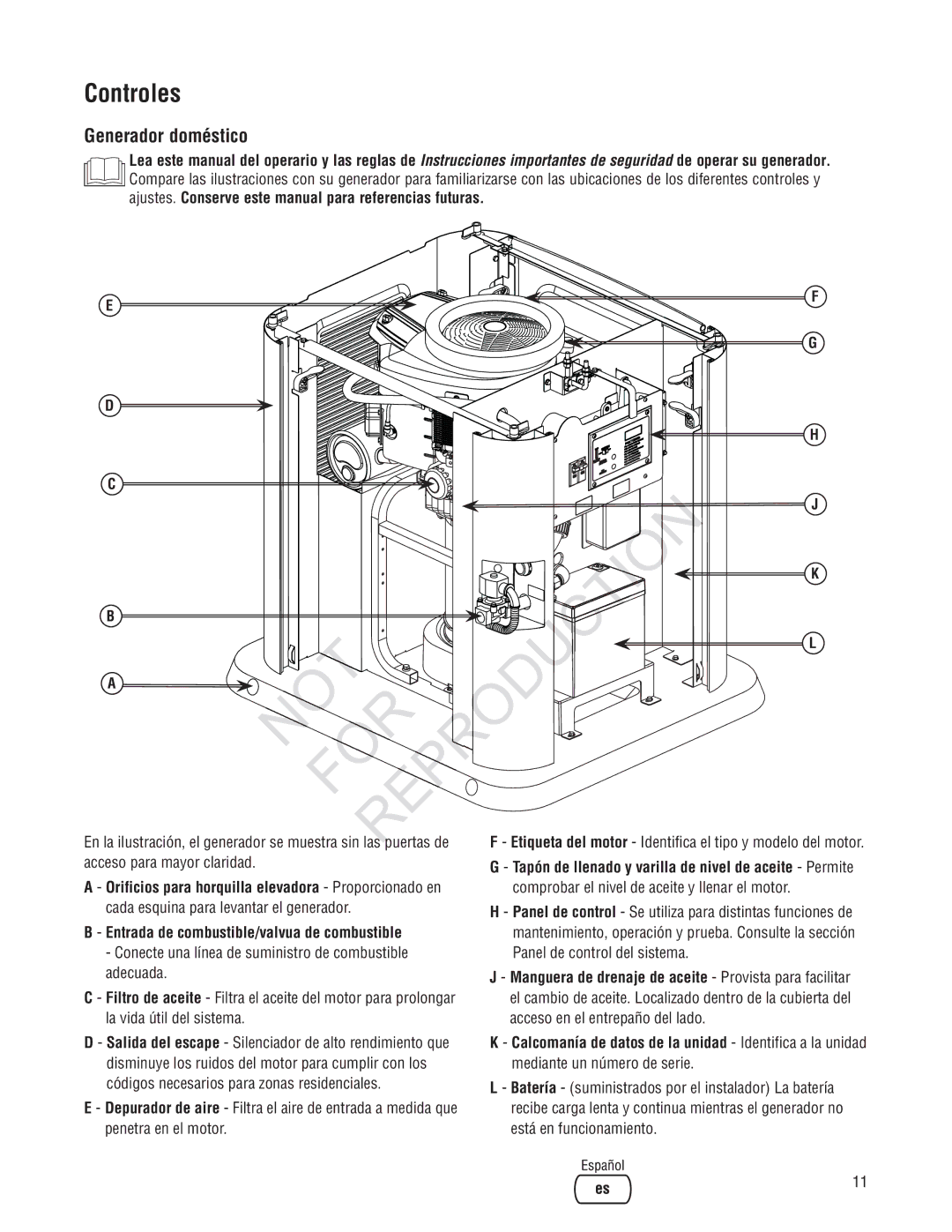 Ruud Generator Systems, GEN12AD-V manual Controles, Generador doméstico, Orificios para horquilla elevadora Proporcionado en 