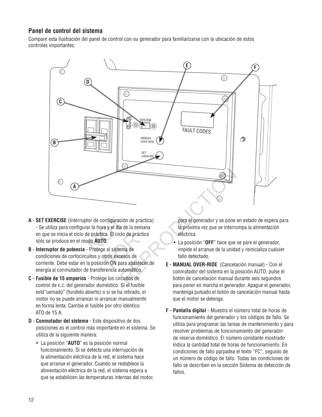 Ruud GEN12AD-V, Generator Systems manual Panel de control del sistema, Para 