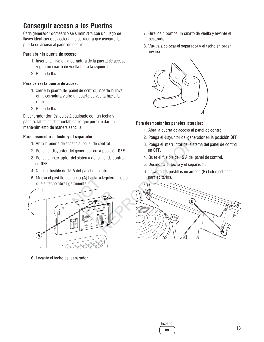 Ruud Generator Systems manual PR Uction, Para desmontar los paneles laterales, Para solta Que el techo abra ligeramente 