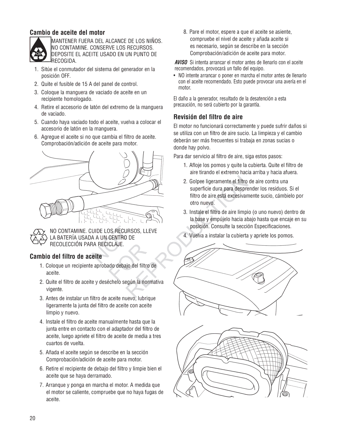 Ruud GEN12AD-V, Generator Systems manual Cambio de aceite del motor, Revisión del filtro de aire, Cambio del filtro de ceite 