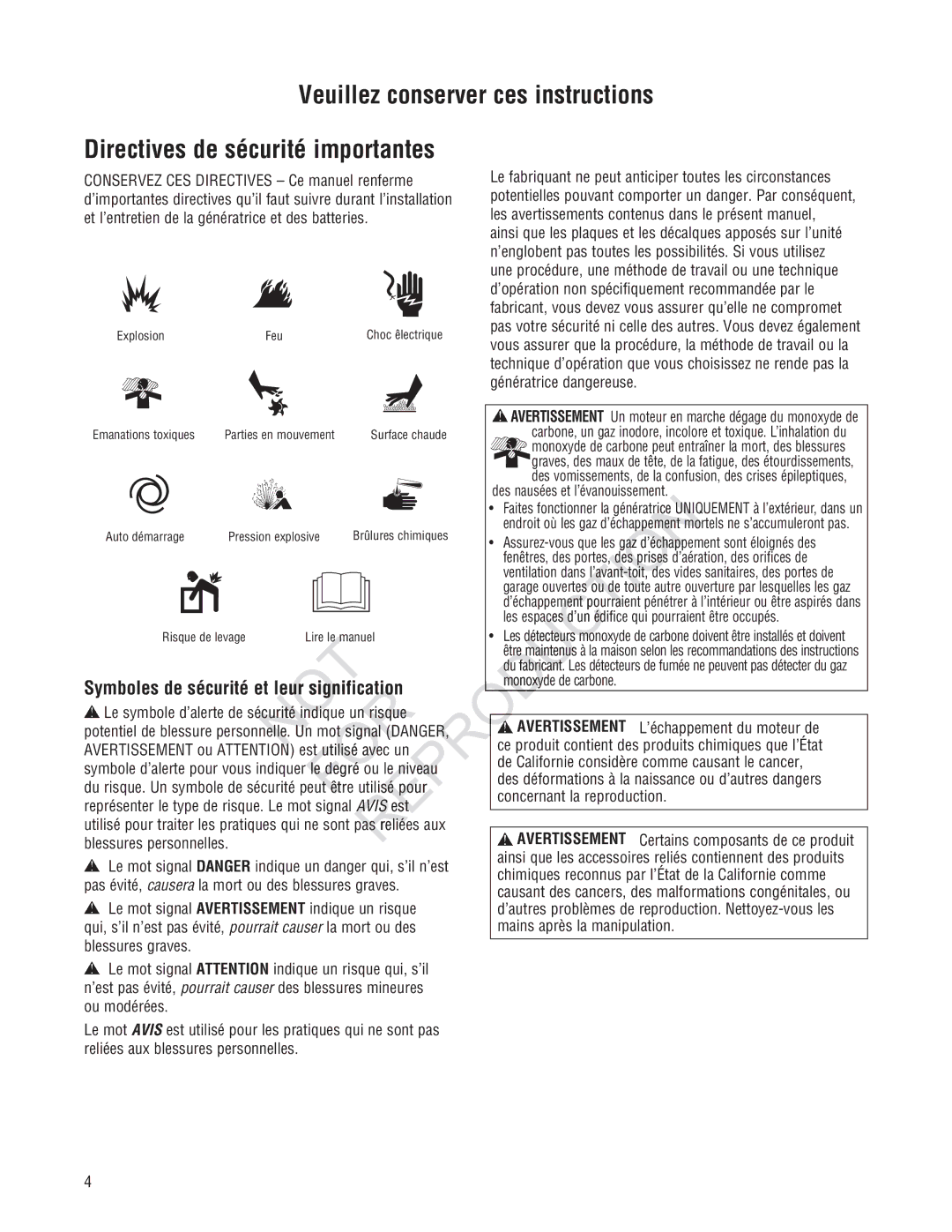 Ruud GEN12AD-V, Generator Systems manual Repr Uction, Symboles de sécurité et Leur sign 