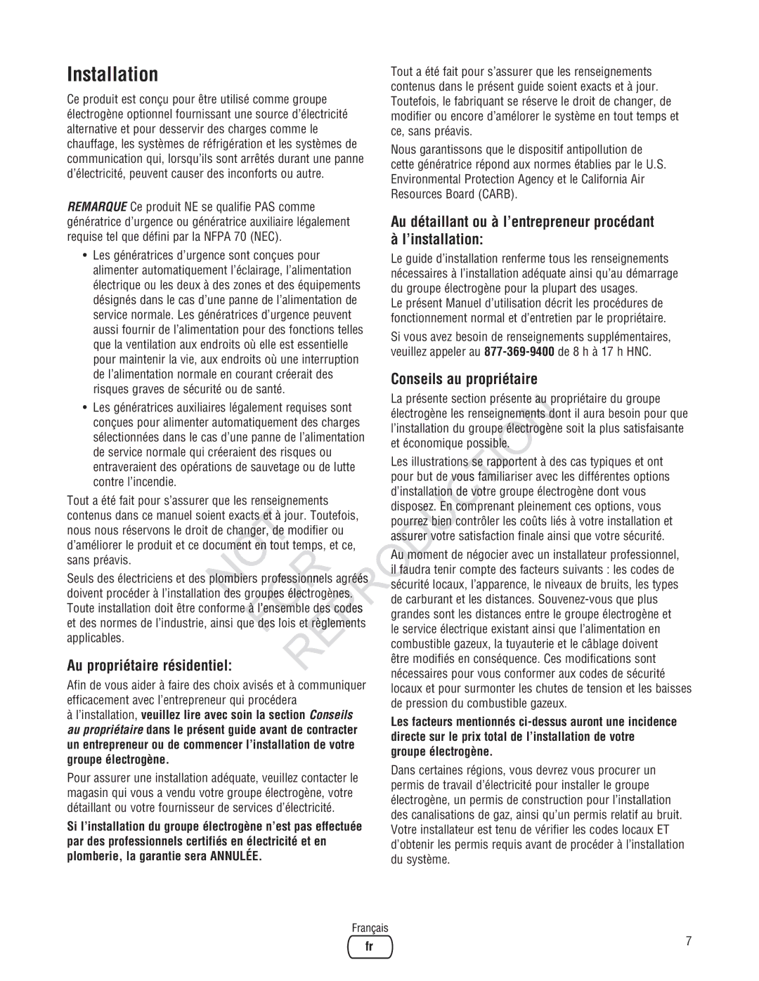 Ruud Generator Systems, GEN12AD-V Au détaillant ou à l’entrepreneur procédant, ’installation, Conseils au propriétaire 